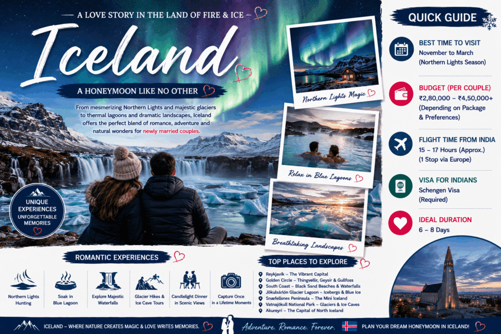 Romantic couple watching the Northern Lights over Iceland's glaciers, waterfalls, and snow-covered mountains during their honeymoon.