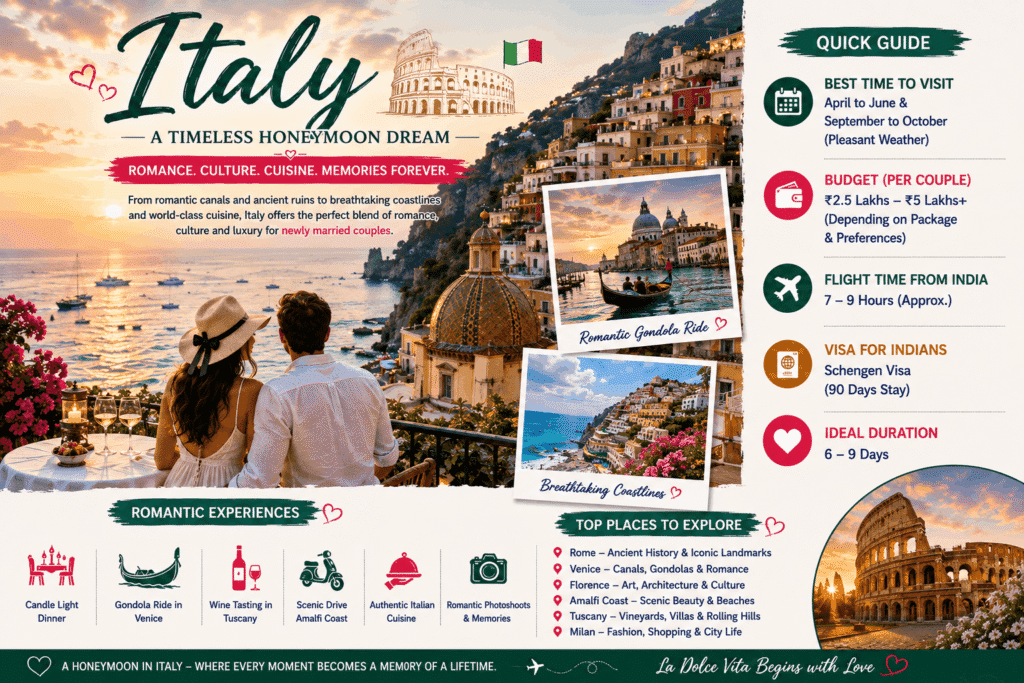 Romantic couple enjoying a sunset overlooking the Amalfi Coast with charming Italian villages, luxury hotels, and breathtaking Mediterranean views during their honeymoon in Italy.