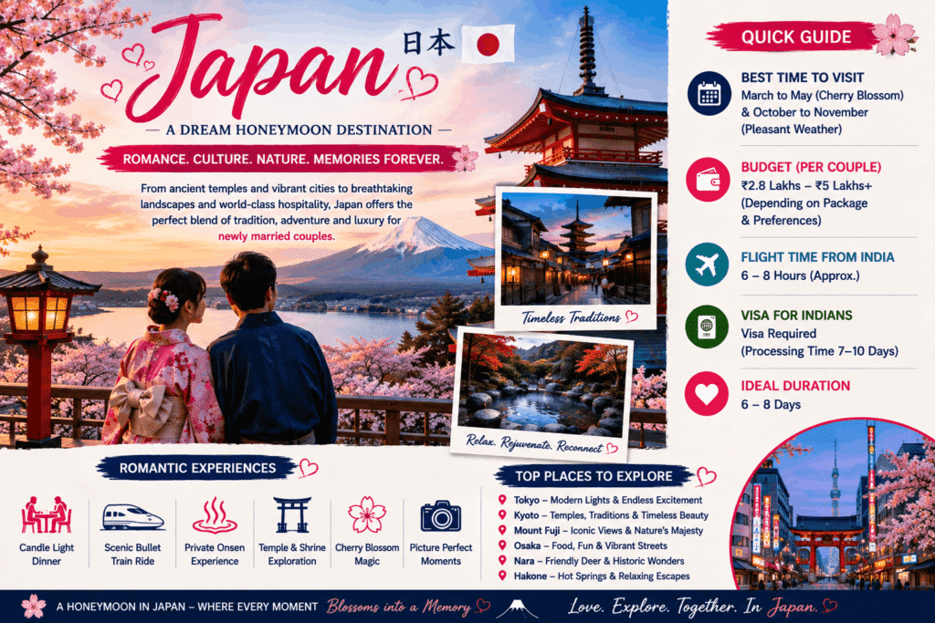 Romantic couple admiring Mount Fuji and cherry blossoms in Japan during their honeymoon, surrounded by traditional temples and breathtaking spring scenery.