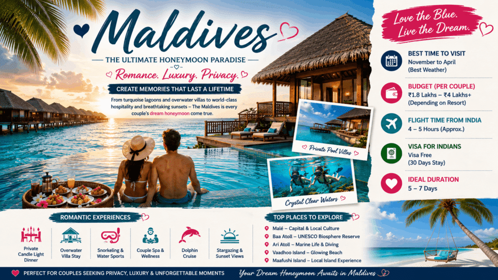 Luxury overwater villas in the Maldives with a romantic couple enjoying a sunset, crystal-clear turquoise lagoon, and private infinity pool during their honeymoon.