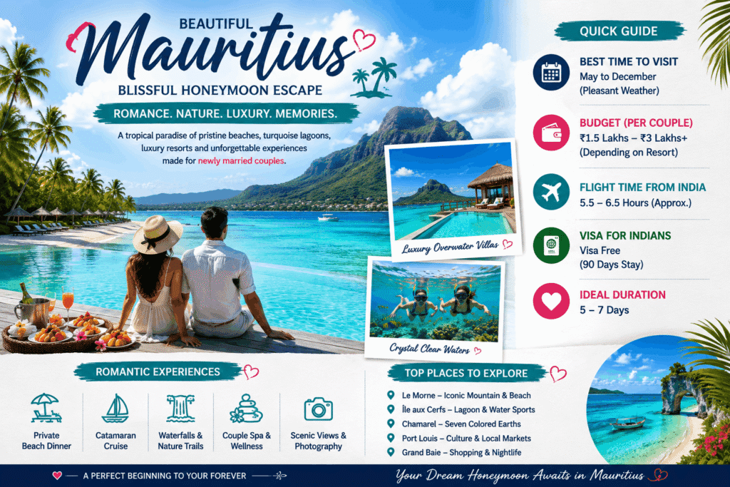 Romantic couple relaxing beside a luxury infinity pool overlooking turquoise lagoons and tropical beaches in Mauritius during their honeymoon.