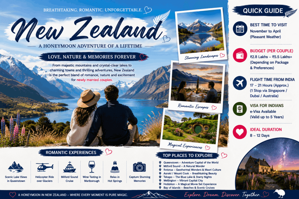 Romantic couple overlooking the stunning mountains and crystal-clear lakes of Queenstown, New Zealand, during their luxury honeymoon.