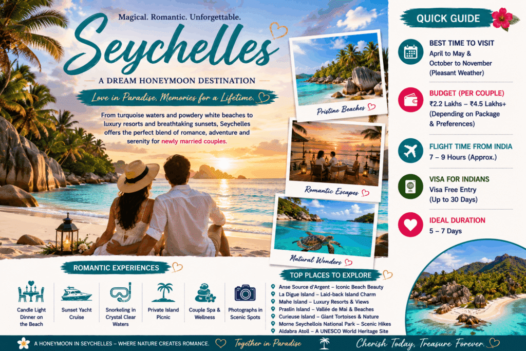 Romantic couple relaxing on a pristine white-sand beach in Seychelles with turquoise waters, granite boulders, palm trees, and a tropical sunset during their honeymoon.