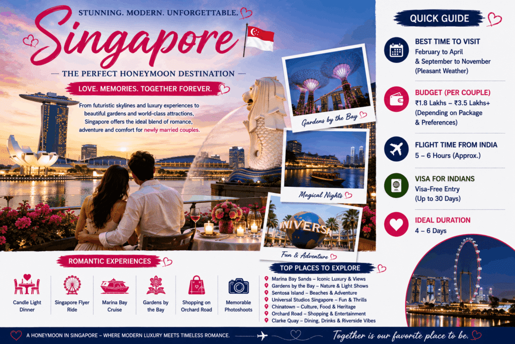 Romantic couple enjoying a waterfront dinner with Marina Bay Sands, Merlion Park, and the Singapore skyline at sunset during their honeymoon.