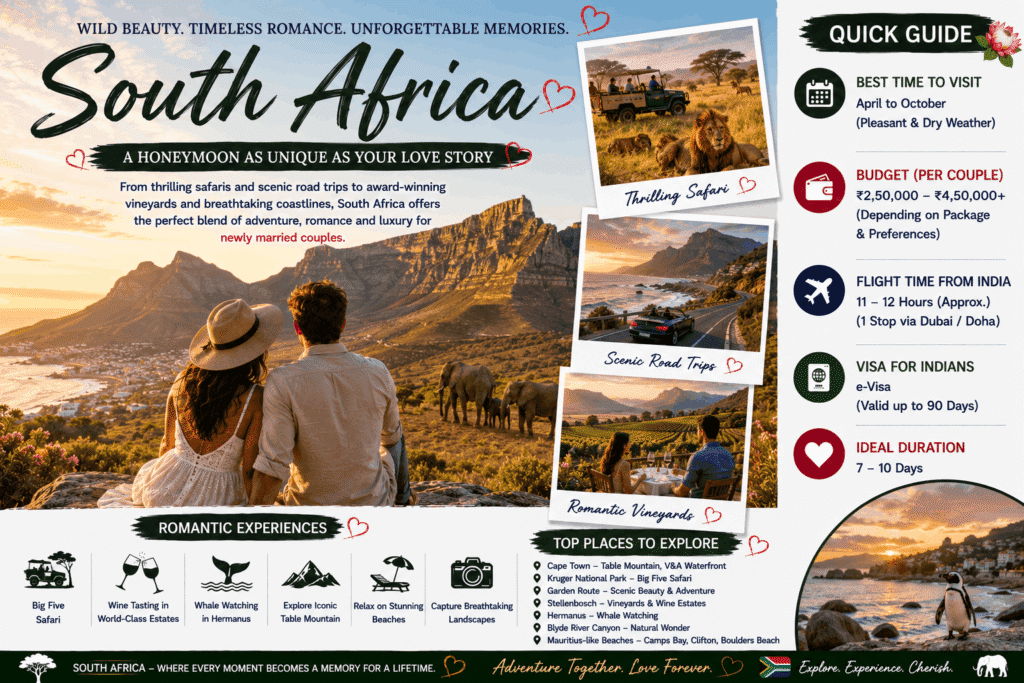 Romantic couple enjoying the sunset overlooking Table Mountain in Cape Town with a safari landscape and African wildlife during their South Africa honeymoon.