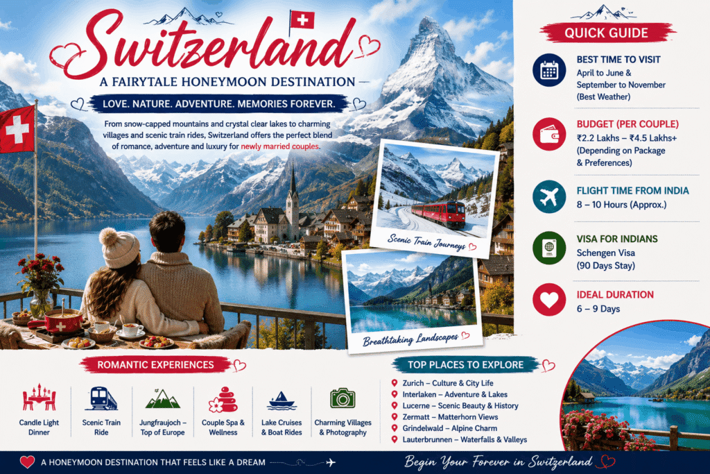 Romantic couple overlooking the Swiss Alps, crystal-clear lake, and charming mountain village in Switzerland during their luxury honeymoon.
