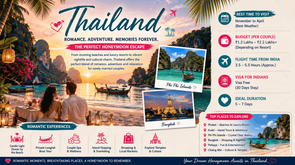 Romantic couple enjoying a candlelight dinner on a tropical beach in Thailand with longtail boats, turquoise waters, limestone cliffs, and a colorful sunset.