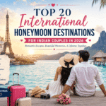 Top 20 international honeymoon destinations for Indian couples in 2026 featuring Bali, Maldives, Switzerland, Paris, and romantic beach resorts.