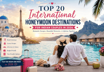 Top 20 international honeymoon destinations for Indian couples in 2026 featuring Bali, Maldives, Switzerland, Paris, and romantic beach resorts.