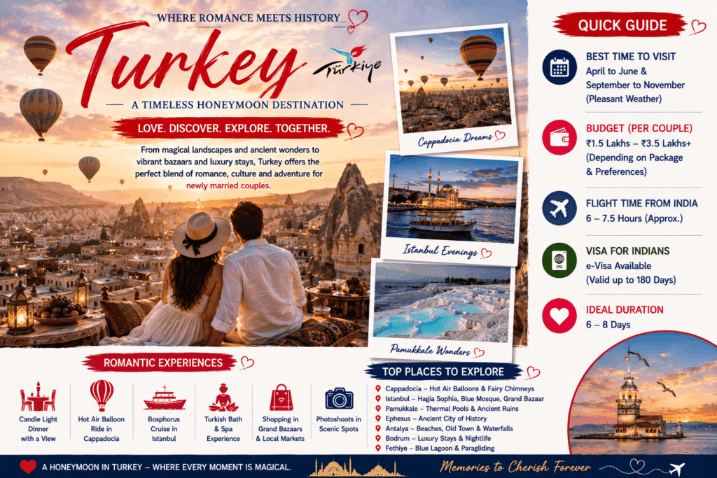 Romantic couple watching hot air balloons over Cappadocia in Turkey during sunrise, surrounded by fairy chimneys and breathtaking landscapes on their honeymoon.