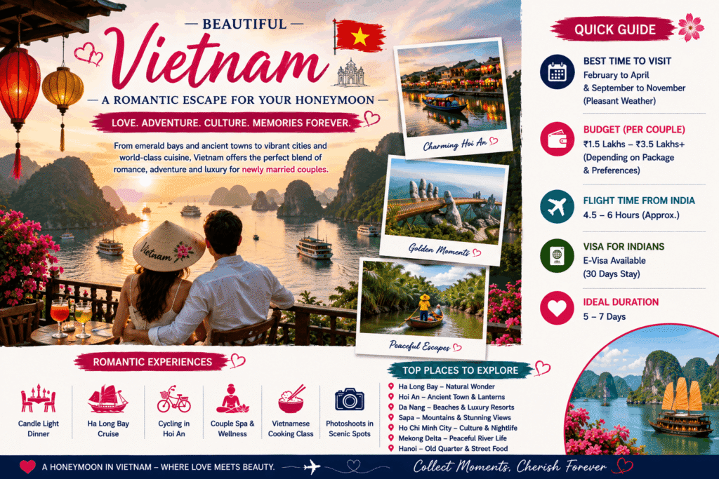 Romantic couple enjoying the sunset over Ha Long Bay in Vietnam with limestone islands, traditional cruise boats, and breathtaking coastal scenery during their honeymoon.