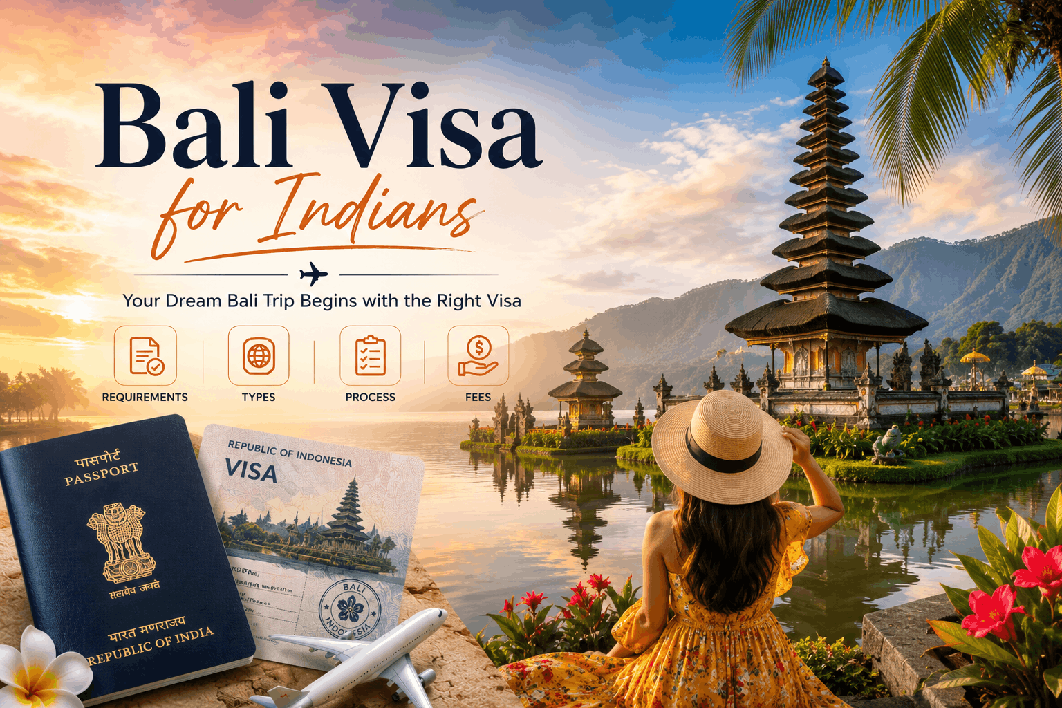 Bali visa for Indians β Indian passport and Indonesia visa with the Ulun Danu Beratan lake temple behind