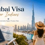 Dubai visa for Indians — Indian passport and UAE visa with the Burj Khalifa and Dubai skyline behind
