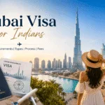 Dubai visa for Indians — Indian passport and UAE visa with the Burj Khalifa and Dubai skyline behind