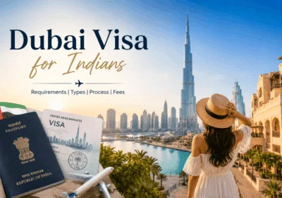Dubai visa for Indians — Indian passport and UAE visa with the Burj Khalifa and Dubai skyline behind