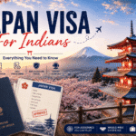 Japan visa for Indians — Indian passport and approved Japan visa with Mount Fuji, a pagoda and cherry blossoms behind