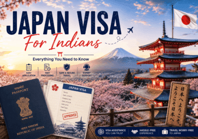 Japan visa for Indians — Indian passport and approved Japan visa with Mount Fuji, a pagoda and cherry blossoms behind
