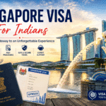 Singapore visa for Indians — Indian passport and Singapore tourist visa with Marina Bay Sands and the Merlion behind