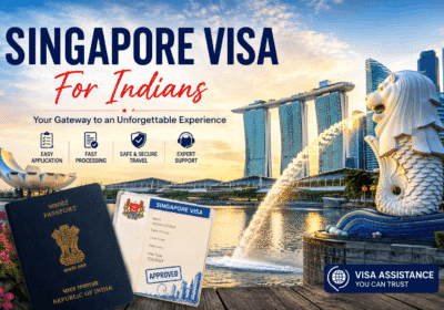 Singapore visa for Indians — Indian passport and Singapore tourist visa with Marina Bay Sands and the Merlion behind
