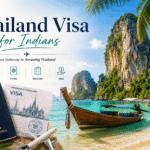 Thailand visa for Indians — Indian passport and Thailand visa on a Krabi beach with a longtail boat and limestone cliff