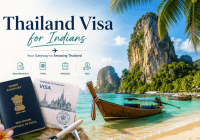 Thailand visa for Indians — Indian passport and Thailand visa on a Krabi beach with a longtail boat and limestone cliff