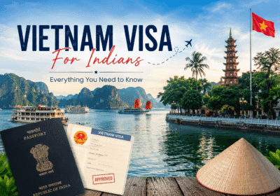 Vietnam visa for Indians — Indian passport and approved Vietnam e-visa with Halong Bay junk boats and a pagoda behind