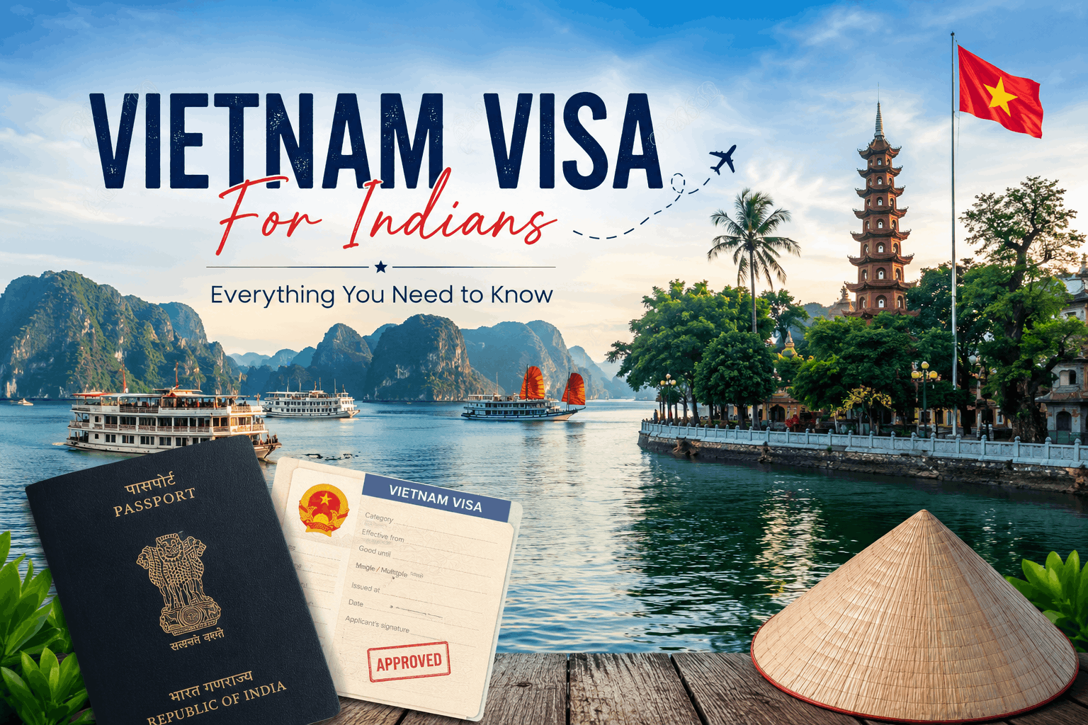 Vietnam visa for Indians β Indian passport and approved Vietnam e-visa with Halong Bay junk boats and a pagoda behind